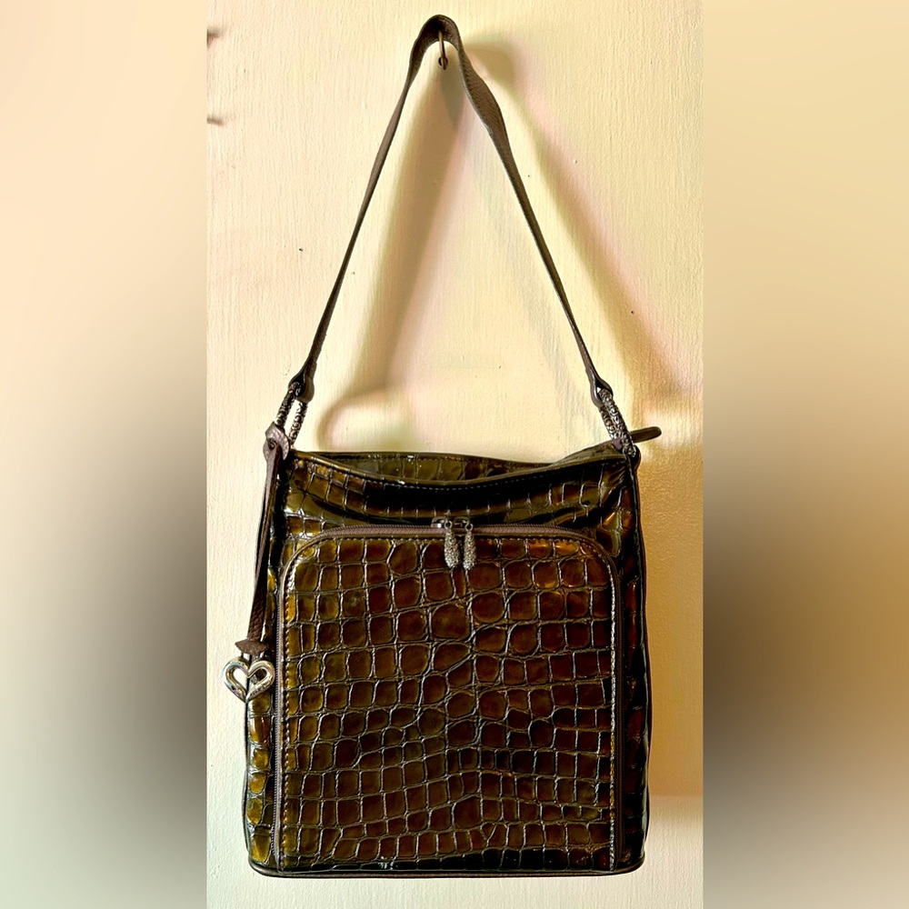 Dark Brown leather croc Brighton bag with heart charm, vintage handbag, y2k